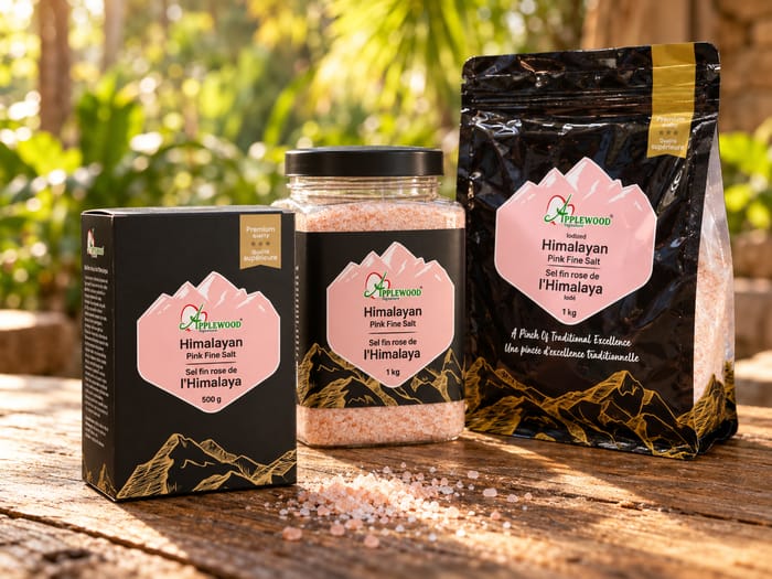 Applewood Himalayan pink salt in box, jar and pouch