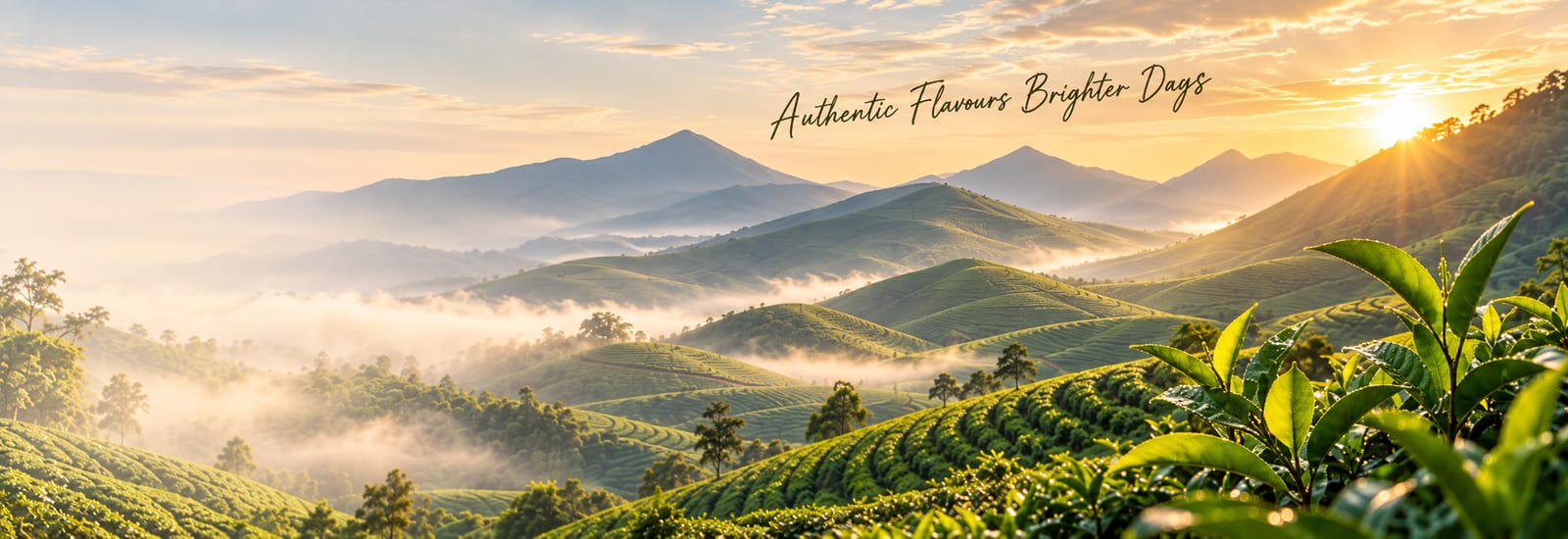 Misty tea plantation hills at sunrise &mdash; Authentic Flavours, Brighter Days