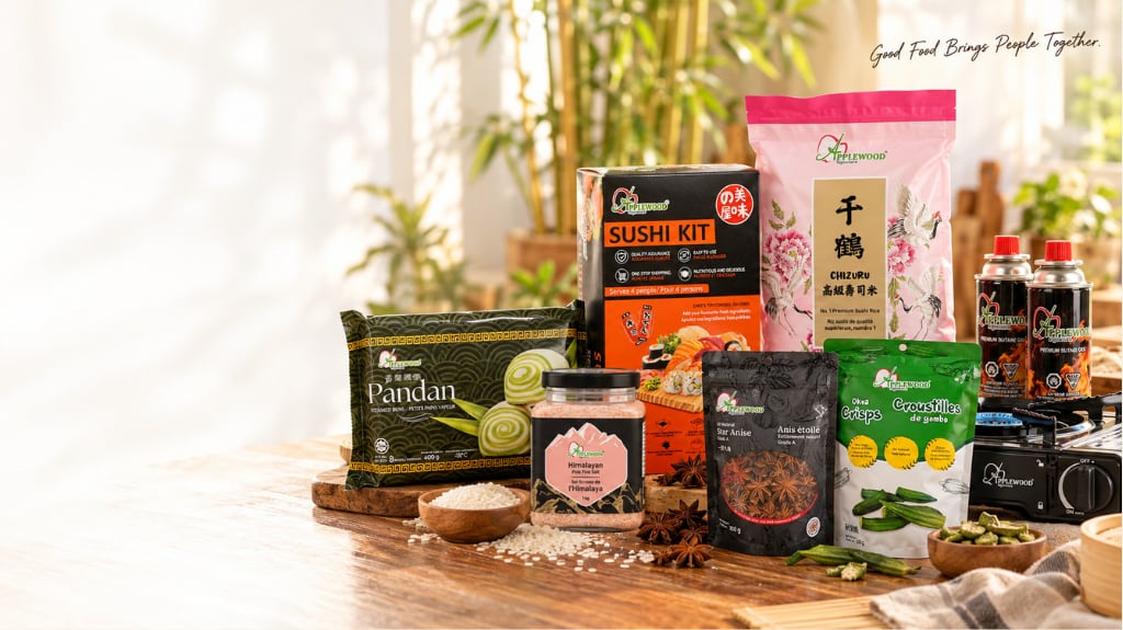 Applewood Signature products: sushi rice, sushi kit, pandan steamed buns, Himalayan pink salt, star anise, okra crisps and butane gas