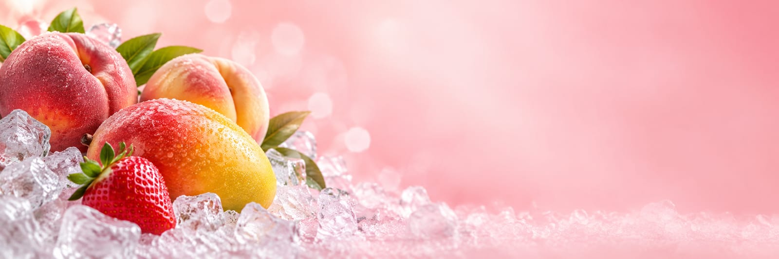 Fresh peaches, mango and strawberries on crushed ice