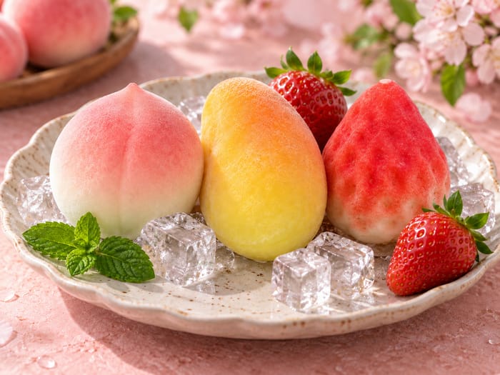 Peach, mango and strawberry Frosty desserts on a plate with ice