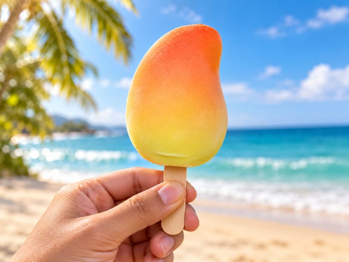 Frosty mango frozen treat held up on a sunny beach