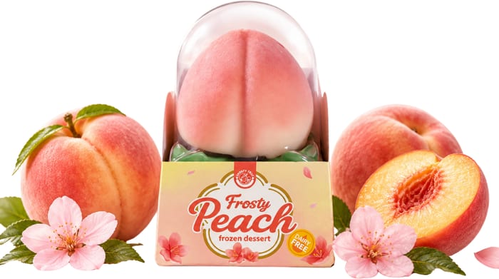 Frosty Peach fruit-shaped frozen dessert with fresh peaches