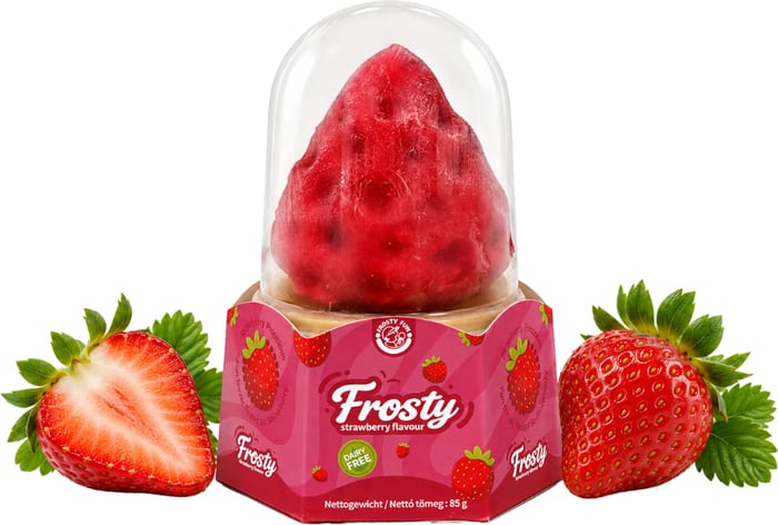 Frosty Strawberry fruit-shaped frozen dessert with fresh strawberries