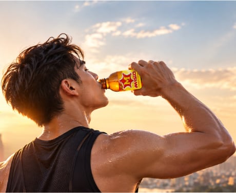 Man drinking a bottle of M-150 at sunrise over the city