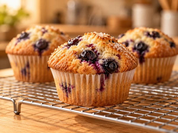 Blueberry muffins on a cooling rack